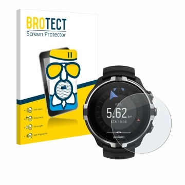 Front side of a product packaging with the brand logo BROTECT. Next to it is the device Suunto Spartan Sport Wrist HR Baro Ste