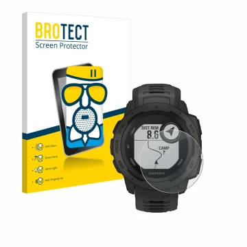 Front side of a product packaging with the brand logo BROTECT. Next to it is the device Garmin Instinct Tactical Edition shown