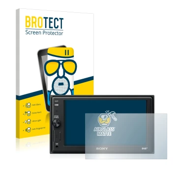 Front side of a product packaging with the brand logo BROTECT. Next to it is the device Sony XAV-AX1005DB shown with the corre