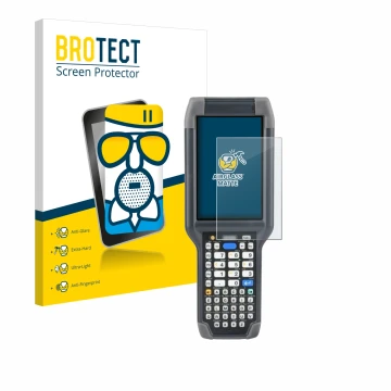 Front side of a product packaging with the brand logo BROTECT. Next to it is the device Honeywell Dolphin CK65 shown with the 