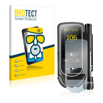 Front side of a product packaging with the brand logo BROTECT. Next to it is the device Accu-Chek Mobile shown with the corres