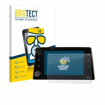 Front side of a product packaging with the brand logo BROTECT. Next to it is the device Peugeot Rifter 2019 Infotainment Syste