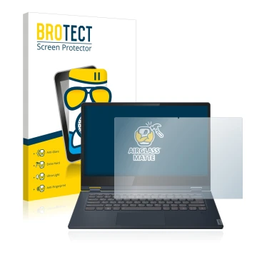 Front side of a product packaging with the brand logo BROTECT. Next to it is the device Lenovo IdeaPad C340 14