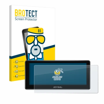 Front side of a product packaging with the brand logo BROTECT. Next to it is the device Joying 4G Car Radio 8.8