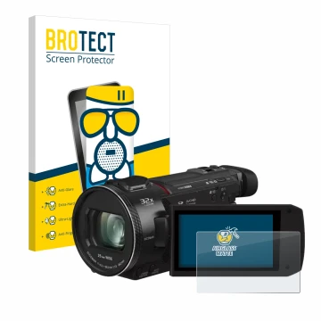 Front side of a product packaging with the brand logo BROTECT. Next to it is the device Panasonic HC-VXF11 shown with the corr