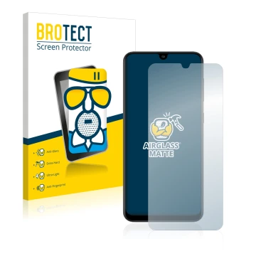 Front side of a product packaging with the brand logo BROTECT. Next to it is the device Samsung Galaxy A30s shown with the cor