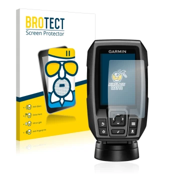 Front side of a product packaging with the brand logo BROTECT. Next to it is the device Garmin Striker 4 shown with the corres