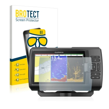 Front side of a product packaging with the brand logo BROTECT. Next to it is the device Garmin Striker Plus 9sv shown with the