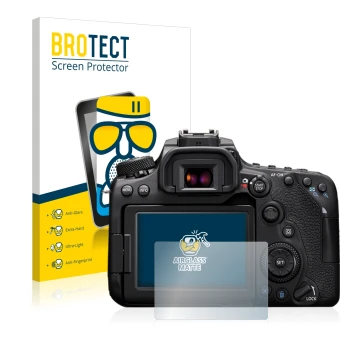 Front side of a product packaging with the brand logo BROTECT. Next to it is the device Canon EOS 90D shown with the correspon
