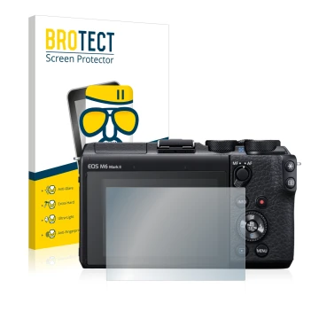 Front side of a product packaging with the brand logo BROTECT. Next to it is the device Canon EOS M6 Mark II shown with the co