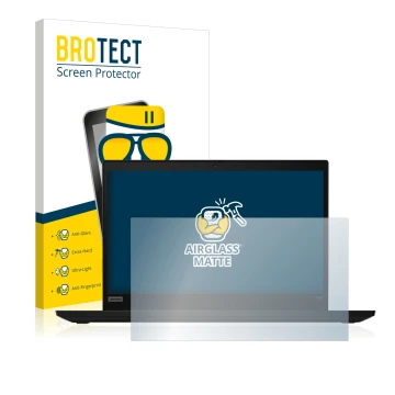 Front side of a product packaging with the brand logo BROTECT. Next to it is the device Lenovo ThinkPad X390 Non-Touch shown w