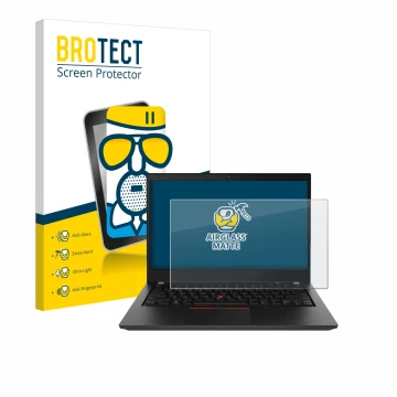 Front side of a product packaging with the brand logo BROTECT. Next to it is the device Lenovo ThinkPad T490 Non-Touch shown w