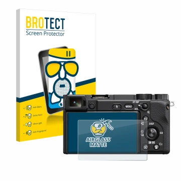 Front side of a product packaging with the brand logo BROTECT. Next to it is the device Sony Alpha 6100 shown with the corresp