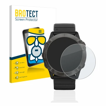 Front side of a product packaging with the brand logo BROTECT. Next to it is the device Garmin Fenix 6X Pro shown with the cor