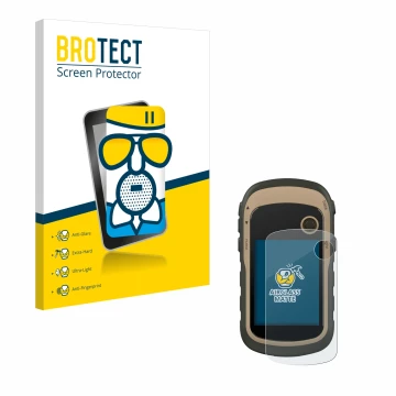 Front side of a product packaging with the brand logo BROTECT. Next to it is the device Garmin eTrex 32x shown with the corres
