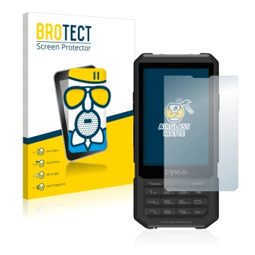Front side of a product packaging with the brand logo BROTECT. Next to it is the device Cyrus CM 17 Hybrid shown with the corr