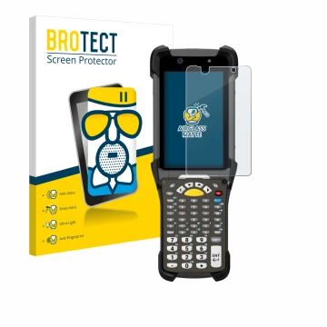 Front side of a product packaging with the brand logo BROTECT. Next to it is the device Zebra MC9300 shown with the correspond