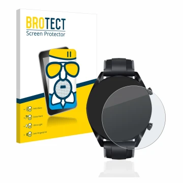 Front side of a product packaging with the brand logo BROTECT. Next to it is the device Huawei Watch GT 2 (46 mm) shown with t