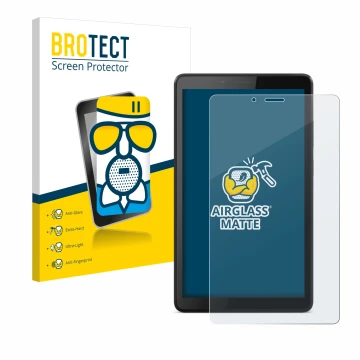 Front side of a product packaging with the brand logo BROTECT. Next to it is the device Lenovo Tab M7 shown with the correspon