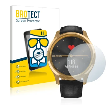 Front side of a product packaging with the brand logo BROTECT. Next to it is the device Garmin vivomove Luxe (42 mm) shown wit