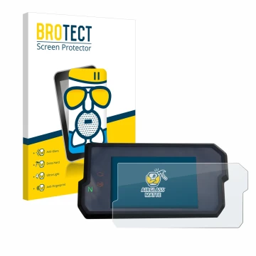 Front side of a product packaging with the brand logo BROTECT. Next to it is the device KTM 125 / 390 Duke 2017+ shown with th