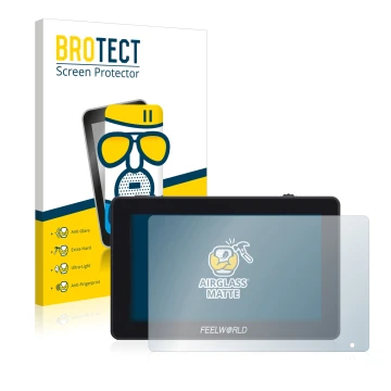 Front side of a product packaging with the brand logo BROTECT. Next to it is the device Feelworld F6 Plus shown with the corre