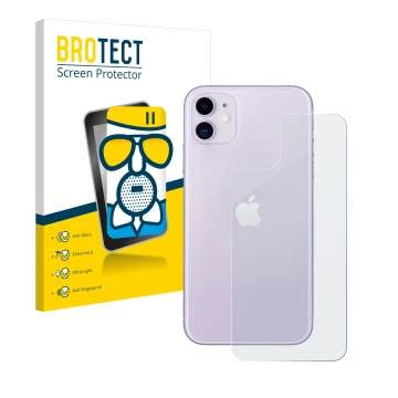 Front side of a product packaging with the brand logo BROTECT. Next to it is the device Apple iPhone 11 (Back) shown with the 