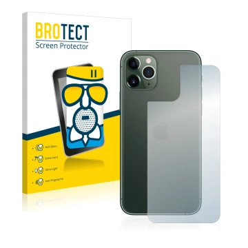 Front side of a product packaging with the brand logo BROTECT. Next to it is the device Apple iPhone 11 Pro (Back) shown with 