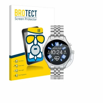 Front side of a product packaging with the brand logo BROTECT. Next to it is the device Michael Kors Access Lexington 2 shown 