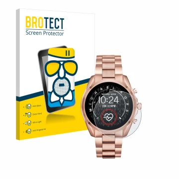 Front side of a product packaging with the brand logo BROTECT. Next to it is the device Michael Kors Access Bradshaw 2 shown w