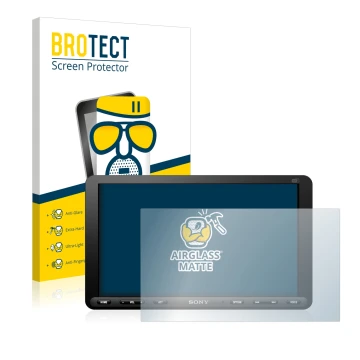 Front side of a product packaging with the brand logo BROTECT. Next to it is the device Sony XAV-AX8050D shown with the corres