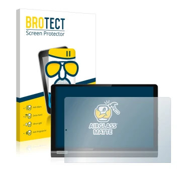 Front side of a product packaging with the brand logo BROTECT. Next to it is the device Lenovo Yoga SmartTab shown with the co