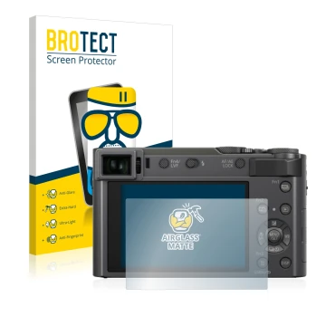 Front side of a product packaging with the brand logo BROTECT. Next to it is the device Panasonic Lumix DC-TZ200 shown with th