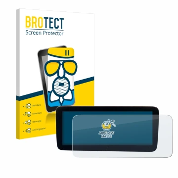 Front side of a product packaging with the brand logo BROTECT. Next to it is the device Mercedes-Benz Actros 2019 Cockpit 12