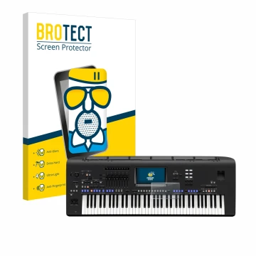 Front side of a product packaging with the brand logo BROTECT. Next to it is the device Yamaha Genos shown with the correspond