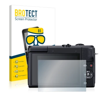 Front side of a product packaging with the brand logo BROTECT. Next to it is the device Canon EOS M200 shown with the correspo