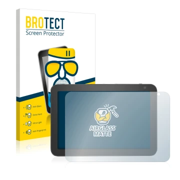 Front side of a product packaging with the brand logo BROTECT. Next to it is the device Amazon Echo Show 8 (1st Gen.) shown wi
