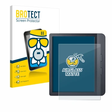 Front side of a product packaging with the brand logo BROTECT. Next to it is the device Kobo Libra H2O shown with the correspo