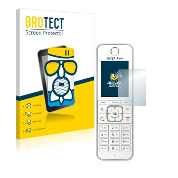 Front side of a product packaging with the brand logo BROTECT. Next to it is the device AVM Fritz!Fon C6 shown with the corres