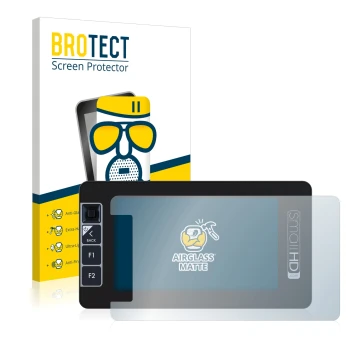 Front side of a product packaging with the brand logo BROTECT. Next to it is the device SmallHD 503 Ultra Bright shown with th