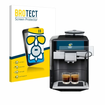 Front side of a product packaging with the brand logo BROTECT. Next to it is the device Siemens EQ.6 plus s700 shown with the 
