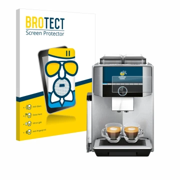 Front side of a product packaging with the brand logo BROTECT. Next to it is the device Siemens EQ.9 plus connect s700 4,3