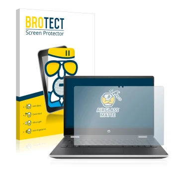 Front side of a product packaging with the brand logo BROTECT. Next to it is the device HP Pavilion x360 (14-dhX) shown with t