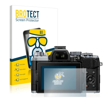 Front side of a product packaging with the brand logo BROTECT. Next to it is the device Olympus OM-D E-M5 Mark III shown with 