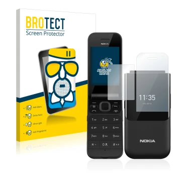 Front side of a product packaging with the brand logo BROTECT. Next to it is the device Nokia 2720 Flip shown with the corresp