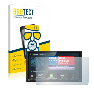 Front side of a product packaging with the brand logo BROTECT. Next to it is the device Kenwood DMX8019DABS (with cutout) show