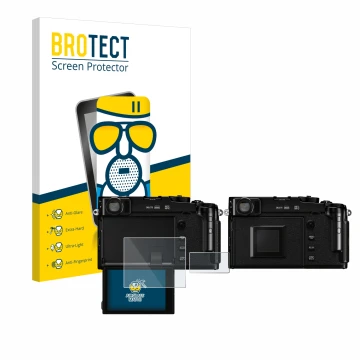 Front side of a product packaging with the brand logo BROTECT. Next to it is the device Fujifilm X-Pro3 shown with the corresp