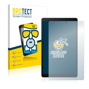 Front side of a product packaging with the brand logo BROTECT. Next to it is the device Samsung Galaxy Tab A 10.1 LTE 2019 sho