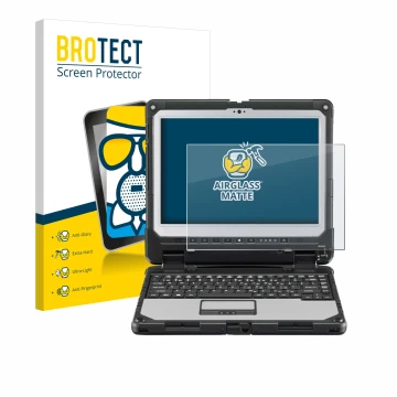 Front side of a product packaging with the brand logo BROTECT. Next to it is the device Panasonic Toughbook CF-33 shown with t