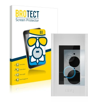 Front side of a product packaging with the brand logo BROTECT. Next to it is the device Ring Video Doorbell Elite shown with t